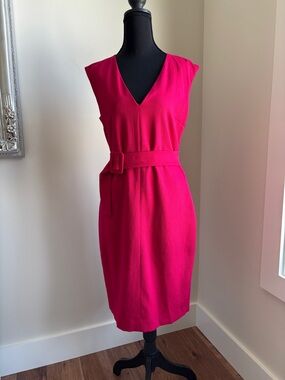 Sleeveless Fuchsia V-Neck Belted Midi Dress